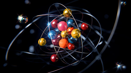 Detailed diagram of an atom with highlighted quarks and gluons