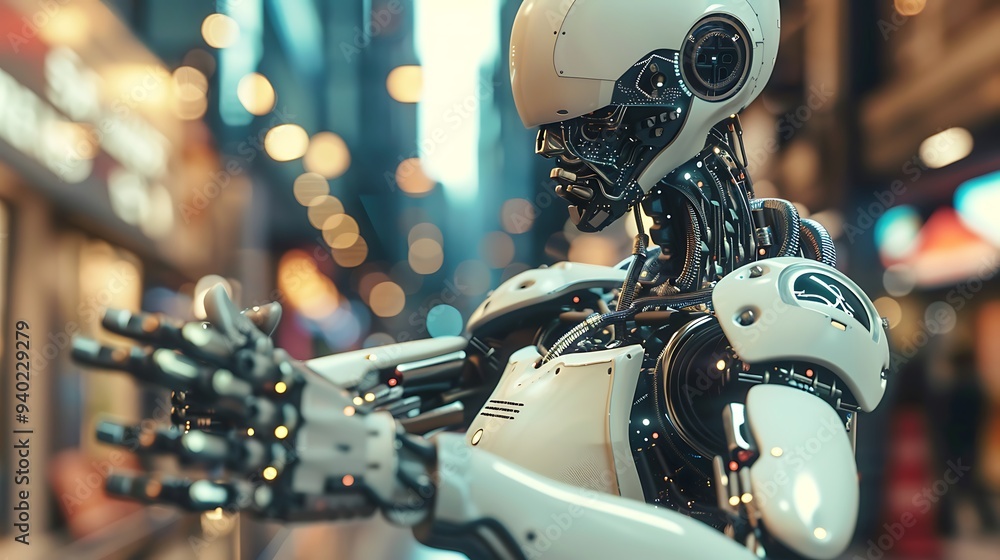 Poster futuristic robot with intricate details in a city setting, showcasing the merging of technology and 