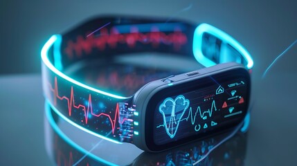 Futuristic smartwatch with glowing blue display for showing health data including heart rate and vital signs advanced wearable technology for future healthcare and fitness concept.