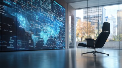 Futuristic Office with World Map and Data Visualization