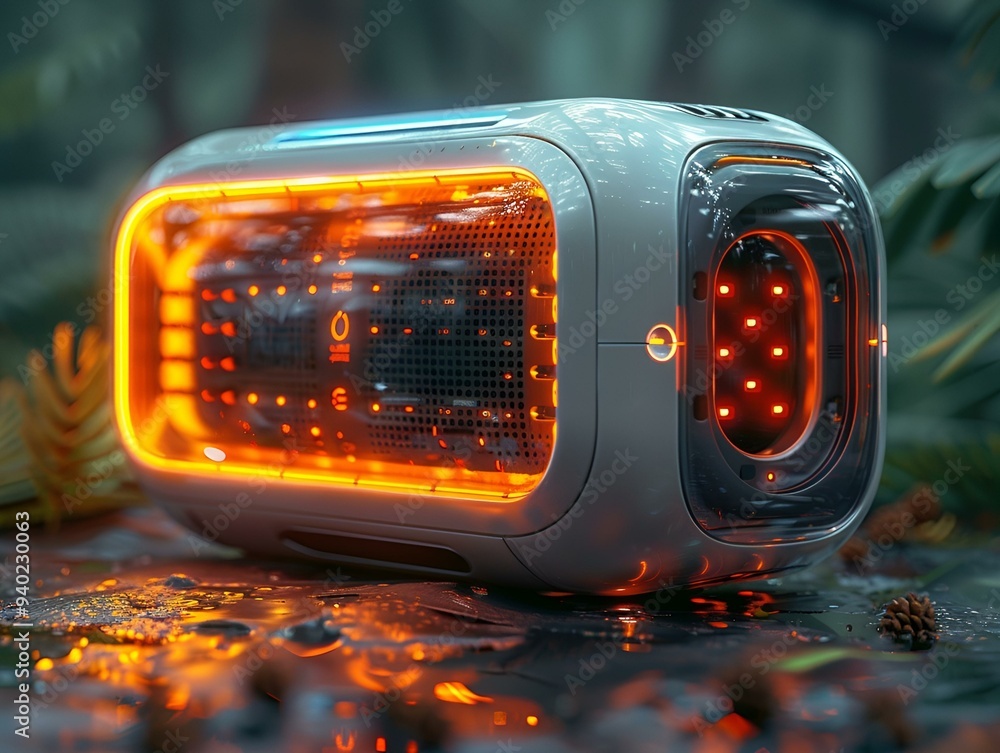 Poster a white rectangular object with orange lights.