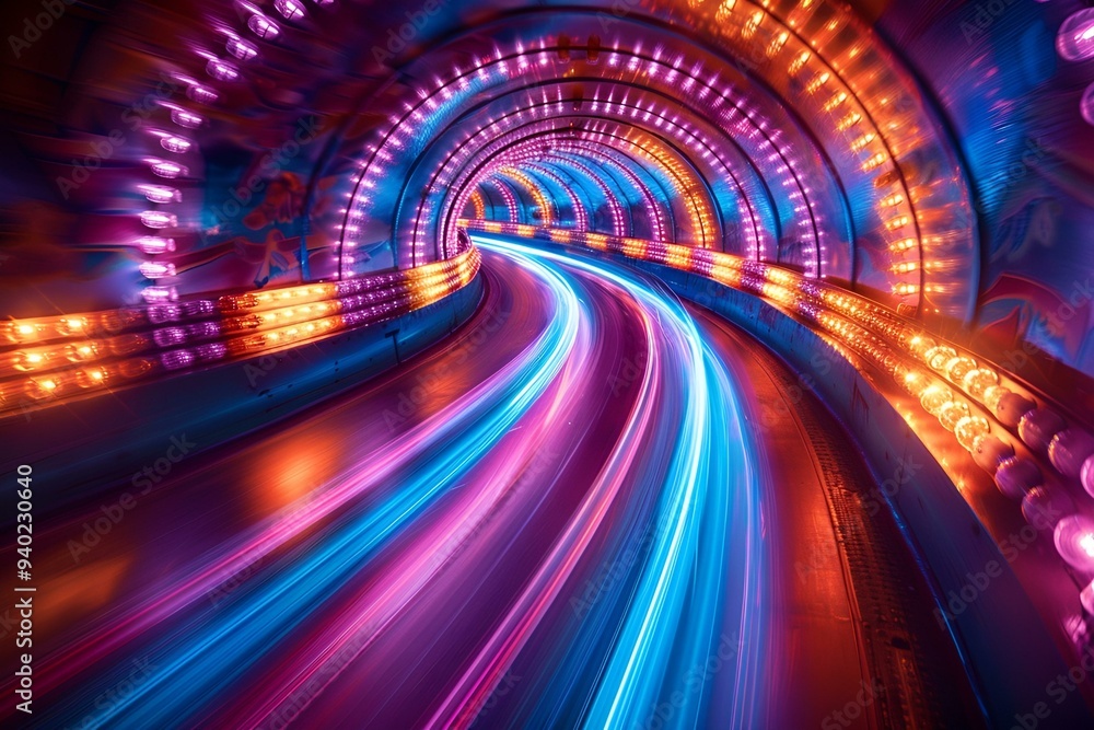 Poster a tunnel with lights in it.