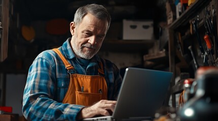 Senior male mechanic using a laptop in the workshop. Old repairman using a laptop in his garage