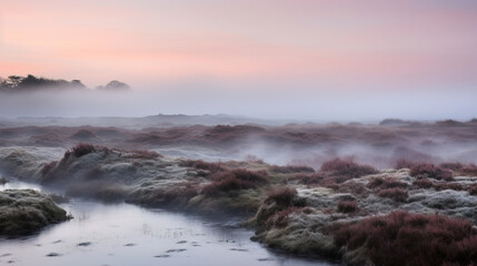 Misty Morning Landscape: Serene Sunrise Over a Grassland Stream