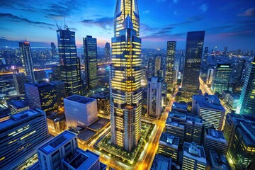 Obraz premium * Towering above the neon-lit cityscape, the sleek and modern skyscraper's angular lines and curved shapes blend seamlessly with the futuristic metropolis.