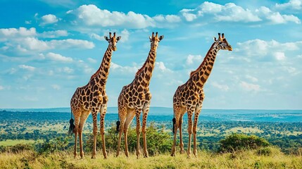 Obraz premium Three giraffes in National park of Kenya which brings forward which brings forward