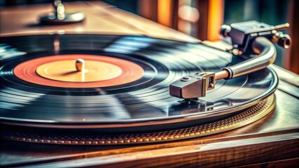 Close-up of vintage vinyl records on a turntable, capturing nostalgia and music from the past decades, vinyl, records, turntable