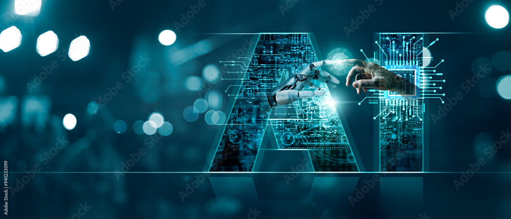 Poster .AI, Machine learning, Hands of robot and human on ai text with big data network connection background, Science and artificial intelligence technology, innovation new era of futuristic.