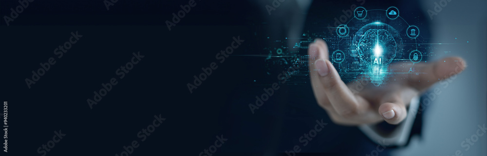 Poster ai, machine learning, hand holding a big data network, brain data creative of ai in light bulb, ai a