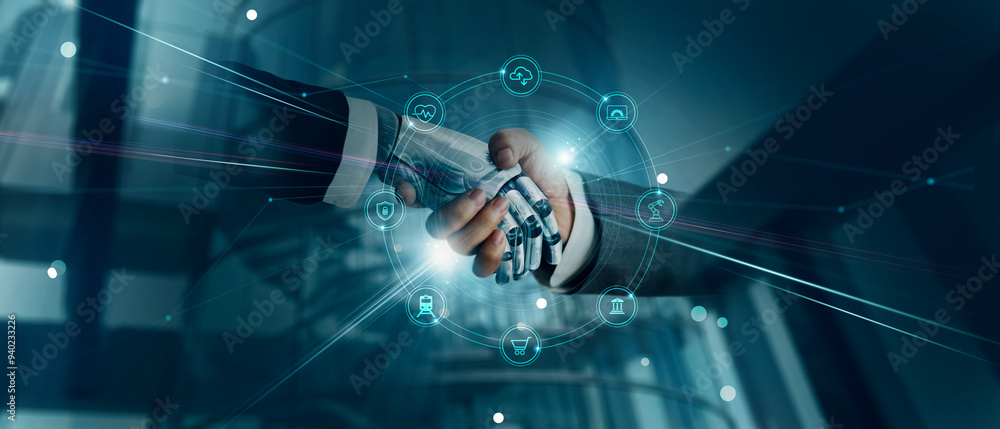 Poster .Handshake of robot and human, AI, Machine learning, AI adoption for working to Assistant of business, Data digital Transformation, Science and artificial intelligence technology for futuristic.
