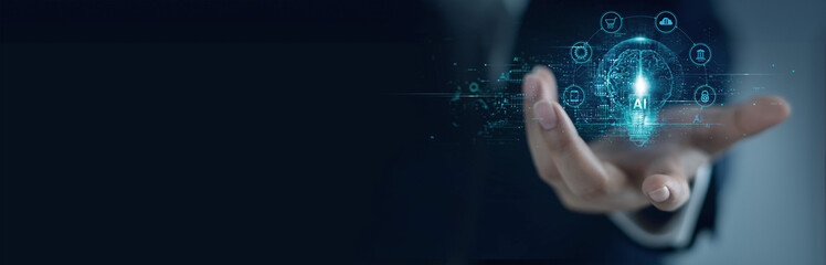 AI, Machine learning, hand holding a big data network, Brain data creative of Ai in light bulb, AI...