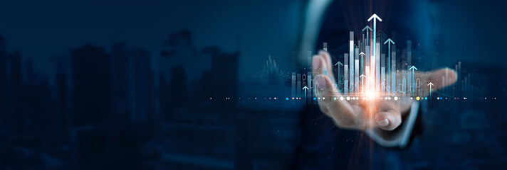 Businessman holding structure graph chart arrows growth of business investment, Target and strategy increase profit for success on global network, Economy, Financial and digital marketing technology.