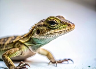 Fototapeta premium A bearded dragon's scaly skin glistens on white, subtle blurring hinting at its speed as it scans its surroundings with ancient, reptilian intelligence.