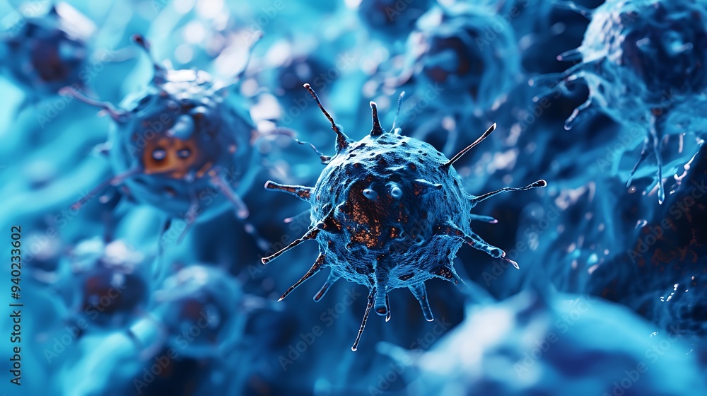 Poster microscopic view of a virus, showcasing its intricate structure and potential for disease. the image