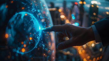 Businessman presenting futuristic business world metaverse graphic. In the form of innovation in digital business processing technology, innovation of the 21st century