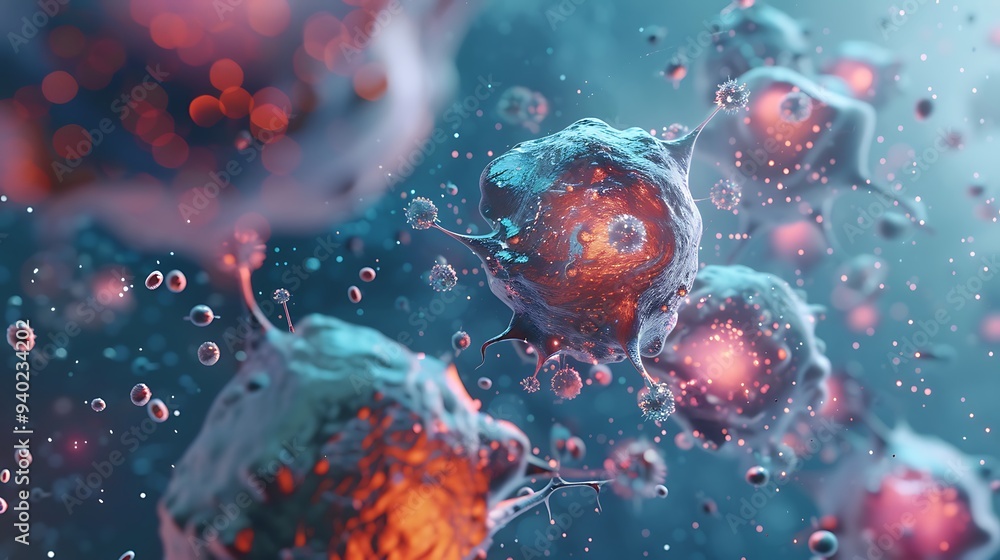 Poster close-up view of virus with detailed microscopic structure for representing pathogen that can cause 