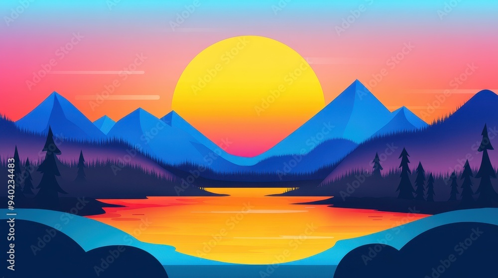 Sticker Discover a peaceful lakeside scene with stunning mountains in a vibrant modern flat art style, perfect for nature lovers.