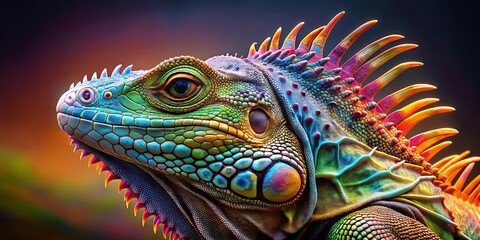Fototapeta premium Colorful rendering of a reptile with a spiky crest on its head, , rendering, colorful, reptile, spiky, crest, head, lizard, vibrant