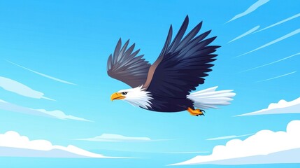Fototapeta premium Witness the grace of an eagle soaring above the sea, captured beautifully in a flatstyle artwork. Nature at its finest