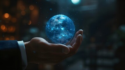 Businessman presenting futuristic business world metaverse graphic. In the form of innovation in digital business processing technology, innovation of the 21st century