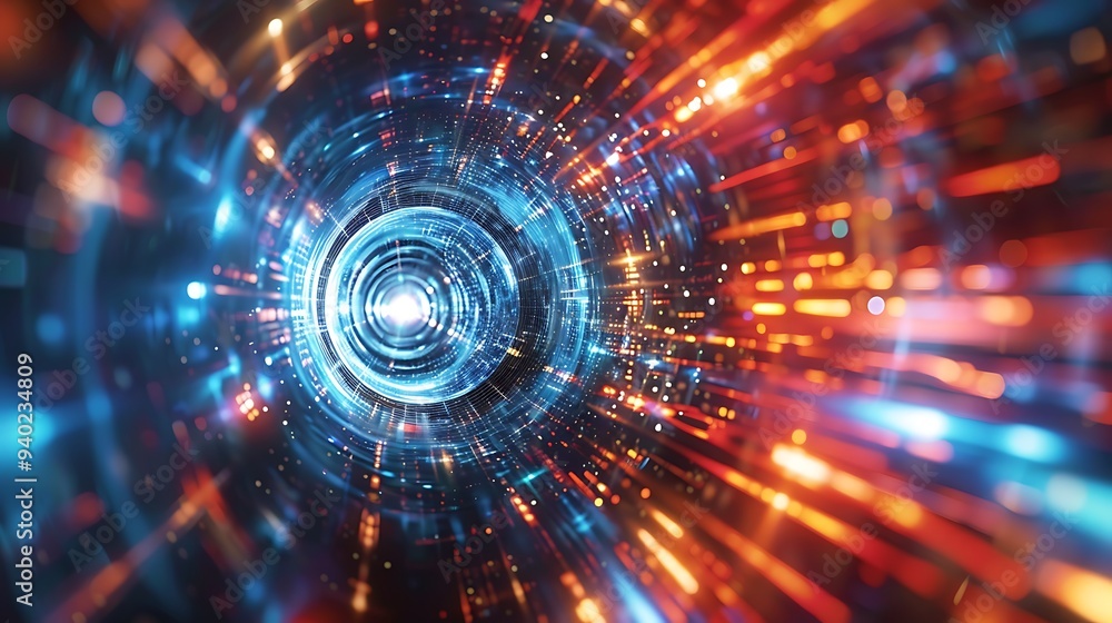 Poster futuristic abstract digital tunnel with glowing lights and neon colors. the digital lines and circle