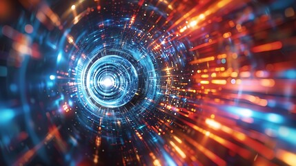 Futuristic abstract digital tunnel with glowing lights and neon colors. The digital lines and circles suggest technology and innovation, creating a visually stunning and imaginative scene.