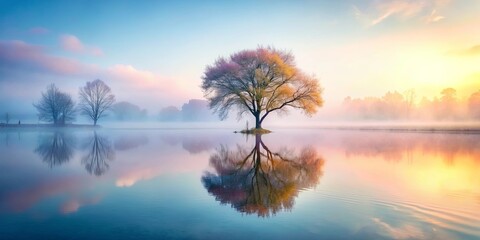 Fototapeta premium Fantasy tree in pastel colors reflecting on a lake with fog , fantasy, tree, pastel colors