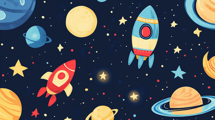 Naklejka premium Rockets Planets Stars and Aliens in a Playful Outer Space Design