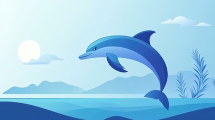 Obraz premium Delight in the charm of a playful dolphin leap, artistically crafted in a minimalist cartoon style for a sleek look.