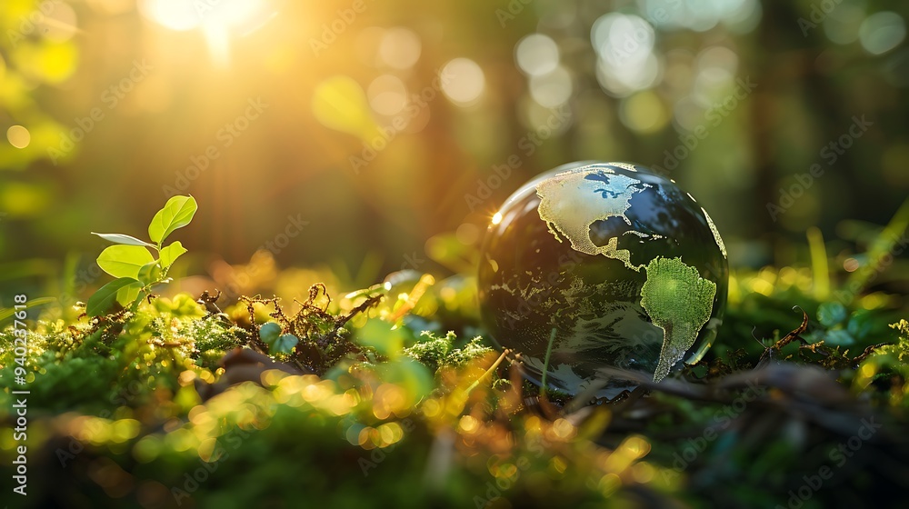 Poster globe resting on a bed of moss in a lush forest setting. sunlight streams through the trees symboliz