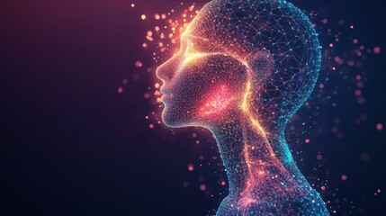 Digital interconnected mesh wireframe  illustration visualisation of the human anatomy. Futuristic medical science artificial intelligence concept on glowing light background copy space. Generative AI