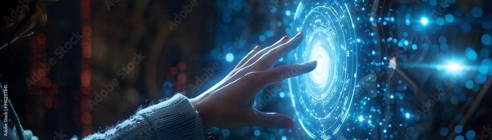 Poster future city network concept close-up cybersecurity business man shows how to protect cyber technolog