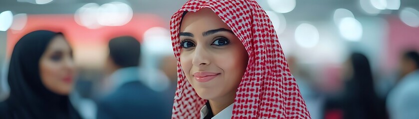 Portrait of a Woman Wearing a Red and White Headscarf - Realistic Image