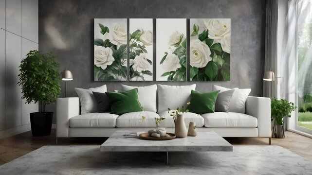 Living room decoration with green plant theme, white sofa with green pillows, there are plant paintings on the wall. Seamless 4K looping timelapse video animation background