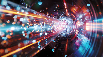 Obraz premium Detailed illustration of the interactions between quarks and gluons within a proton in a particle collider