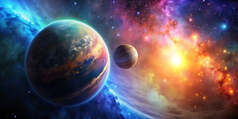 Planet in space with glowing stars and colorful nebula in the background, planet, space, stars, universe, galaxy