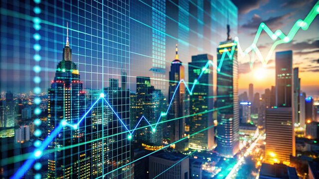 A close-up shot of a digital screen displaying a dynamic graph of rising stock prices and fluctuating market trends amidst a cityscape background at dusk.