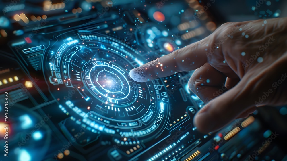 Poster future city network concept close-up cybersecurity business man shows how to protect cyber technolog