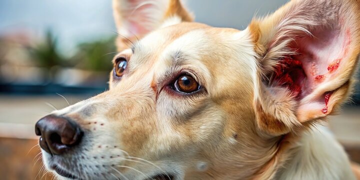 A close-up shot of a dog's infected ear, with redness, swelling, and discharge, highlighting the painful and uncomfortable condition requiring veterinary attention.