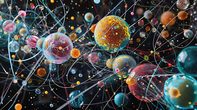 Detailed illustration of atomic structures with emphasis on the interaction of quarks and gluons