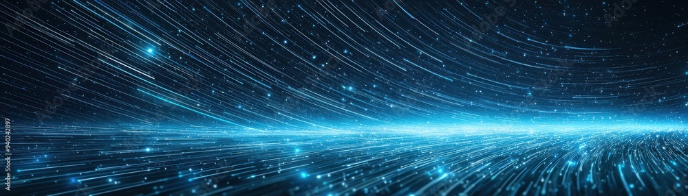 Poster abstract digital landscape with glowing blue lines and particles creating a futuristic atmosphere of