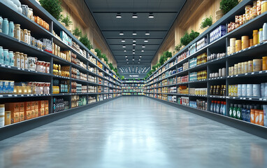 Blurry shopping shelves in supermarkets and department stores