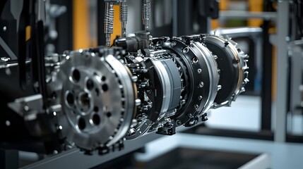 Fototapeta premium Closeup View of Complex Mechanical Engine Components in Industrial Factory