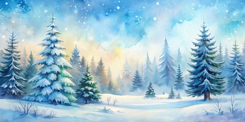 Fototapeta premium Watercolor winter landscape featuring snow-covered trees, perfect for a Christmas holiday card or abstract background