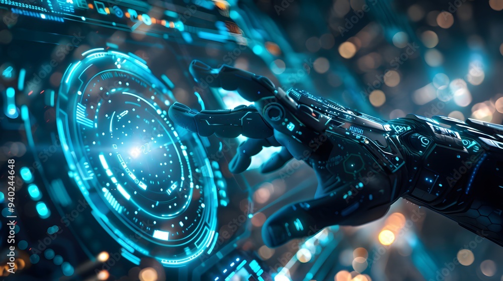Poster future city network concept close-up cybersecurity business man shows how to protect cyber technolog
