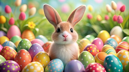 Fototapeta premium Cute Easter bunny surrounded by colorful decorated eggs , Easter, bunny, eggs, spring, holiday, decoration, festive, tradition