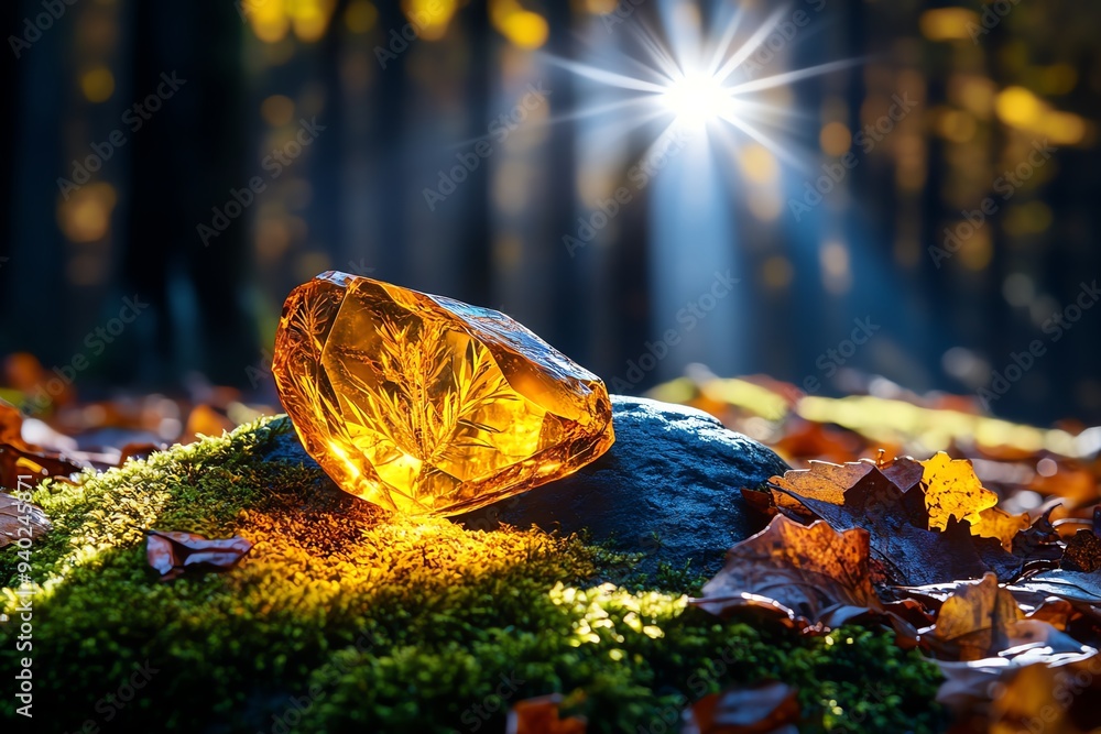 Poster a piece of amber embedded in a forest environment, surrounded by moss and fallen leaves, with sunlig