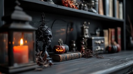 Seasonal Halloween decorations with a Gothic and mysterious ambiance 
