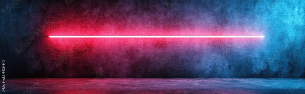 Poster 3D rendering of a concrete wall and floor with a neon rectangle in blue and red lighting