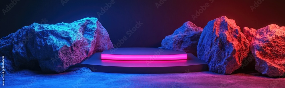 Aufkleber 3D rendering of a presentation podium situated between two rocks ideal for display or advertising use 3D illustration